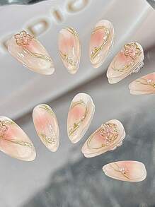10 Pcs Handmade Press On Nails ,Christmas Gifts,Fake Nails,Press On Short Nails, Almond Nails, Inlaid With Golden Flower Strips, Light And Luxurious, Elegant And Noble In Temperament, Suitable For Daily Use By Women Of Different Styles, Detachable And Reu