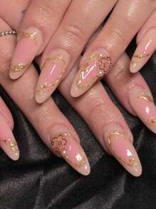 10 Pcs Handmade Press On Nails ,Christmas Gifts,Fake Nails,Press On Short Nails, Almond Nails, Inlaid With Golden Flower Strips, Light And Luxurious, Elegant And Noble In Temperament, Suitable For Daily Use By Women Of Different Styles, Detachable And Reu