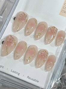 10 Pcs Handmade Press On Nails ,Christmas Gifts,Fake Nails,Press On Short Nails, Almond Nails, Inlaid With Golden Flower Strips, Light And Luxurious, Elegant And Noble In Temperament, Suitable For Daily Use By Women Of Different Styles, Detachable And Reu