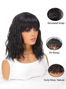14 Inch Wavy Synthetic Wig With Bangs Short Bob  Wigs Curly Wavy Shoulder Length  Wig Daily Colorful Wig