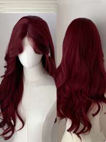 Cosplay Anterior Forehead Lace Long Wavy Wigs Hair, Center Split Wig,Anterior Forehead-Shaped Lace 4*1  Red Burg 26 Inch Semi Woven Daily Natural, Smooth And Realistic Wig(Accessories Not Included)
