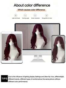 Cosplay Anterior Forehead Lace Long Wavy Wigs Hair, Center Split Wig,Anterior Forehead-Shaped Lace 4*1  Red Burg 26 Inch Semi Woven Daily Natural, Smooth And Realistic Wig(Accessories Not Included)