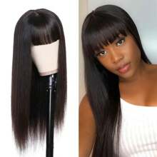 Straight Human Hair Wigs With Bangs Full Machine Made Wigs 250% Density Non Lace Front Wig For Women Glueless Straight Remy Human Hair Wigs Natural Color