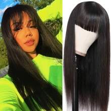 Straight Human Hair Wigs With Bangs Full Machine Made Wigs 250% Density Non Lace Front Wig For Women Glueless Straight Remy Human Hair Wigs Natural Color