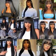 Straight Human Hair Wigs With Bangs Full Machine Made Wigs 250% Density Non Lace Front Wig For Women Glueless Straight Remy Human Hair Wigs Natural Color