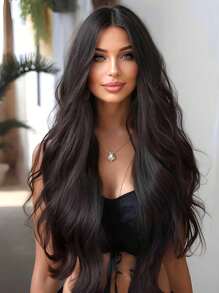 28 Inch Long Black Wigs For Women Middle Part Synthetic Wigs Natural Curly Hair For Daily Use Graceful Charming Wigs