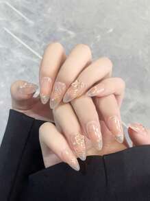 10 Pcs Handmade Press On Nails ,Christmas Gifts,Fake Nails,Press On Short Nails, Almond Nails, Inlaid With Golden Flower Strips, Light And Luxurious, Elegant And Noble In Temperament, Suitable For Daily Use By Women Of Different Styles, Detachable And Reu