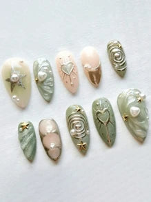 10Pcs/Set Handmade Vintage Copper Coin Decorated Olive Green & Powder Pink Acrylic Nails, 3D Hearts, Stars & Gold Line Design, With Gel Polish And Nail Tips, Suitable For Daily, Outdoor, Holiday Wear Press On Nails Nail Supplies Nails