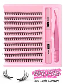 200PCS Dramatic C-Curl 8-16MM Mix DIY Lash Extension Kit Set DIY Bottom Lashes Eyelashes Book Big Volume Soft Individual Cluster Lashes Create A Fluffy Natural Wispy Y2k Butterfly Elements Pink Base Card Look At Home Long Lasting DIY Lashes Glue, DIY Glue