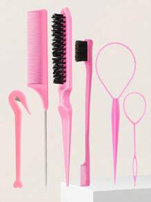 6packs Hair Loop Tool Set With 2Pcs French Braid Tool Loop, Leather Sheath Cutter, Teasing Hair Brush Rat Tail Comb Edge Brush For Edge & Back Brushing, Combing, Slicking Hair For Women For Hair Styling,Hair Brush,Comb,Hair Tools,Hair Products And Accesso