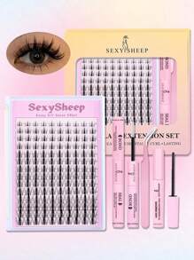 SEXYSHEEP 140pcs D Curl, Cluster False Eyelashes Mix Pack, Curling, Lengthening And Thickening Effect, No Drop-Off, Soft And Natural Looking, 10-16mm Mixed DIY Lash Clusters Natural Look&Wispy&Extra Thick&Long-Lasting DIY Eyelash Extension Kit With Bond A
