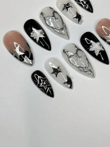 10 Pieces Of Handmade Wearable Nails, Retro Old Money Pink Glossy Black And White French Style, With Diamonds, Medium Almonds, White Stars And 5D Silver Wire Decoration, With Jelly Glue And Rubbing Strips, Suitable For Daily Travel During The Four Seasons