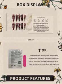 10 Pieces Of Handmade Wearable Nails, Retro Old Money Pink Glossy Black And White French Style, With Diamonds, Medium Almonds, White Stars And 5D Silver Wire Decoration, With Jelly Glue And Rubbing Strips, Suitable For Daily Travel During The Four Seasons