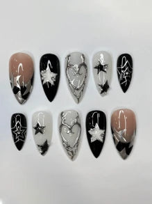 10 Pieces Of Handmade Wearable Nails, Retro Old Money Pink Glossy Black And White French Style, With Diamonds, Medium Almonds, White Stars And 5D Silver Wire Decoration, With Jelly Glue And Rubbing Strips, Suitable For Daily Travel During The Four Seasons