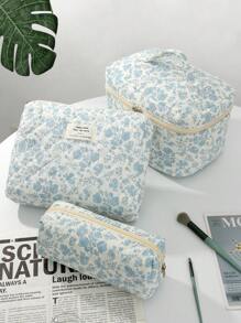 1 PC White Orchid Quilted White Zipper Bag Make Up Bag, Fashionable And Casual Large Capacity Portable Zipper Makeup Bags, Travel Storage Stationery Storage, Vacation Essentials Cosmetic Bags For Pouch Pads, Wired Earphones, Earpods, Headphones, Charger,