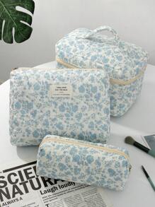 1 PC White Orchid Quilted White Zipper Bag Make Up Bag, Fashionable And Casual Large Capacity Portable Zipper Makeup Bags, Travel Storage Stationery Storage, Vacation Essentials Cosmetic Bags For Pouch Pads, Wired Earphones, Earpods, Headphones, Charger,
