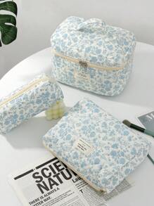1 PC White Orchid Quilted White Zipper Bag Make Up Bag, Fashionable And Casual Large Capacity Portable Zipper Makeup Bags, Travel Storage Stationery Storage, Vacation Essentials Cosmetic Bags For Pouch Pads, Wired Earphones, Earpods, Headphones, Charger,