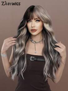 7JHH WIGS Silver Ash Pink Wavy Wig With Bangs Highlight Black Hair Body Long Curly Wigs Natural Fluffy Soft Woven Synthetic Fiber Costume Wig For Women&Girls Christmas Party Cosplay Use 26 Inch