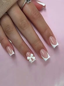 24Pcs Short Square French Press-On Nails Set With White French Tip & Bow Design, Glossy Finish, Comes With 1Pc Jelly Gel And 1Pc Buffer, Suitable For Women Party, Wedding, Casual And Holiday Wear, Reusable Nail Supplies Nails