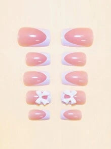 24Pcs Short Square French Press-On Nails Set With White French Tip & Bow Design, Glossy Finish, Comes With 1Pc Jelly Gel And 1Pc Buffer, Suitable For Women Party, Wedding, Casual And Holiday Wear, Reusable Nail Supplies Nails