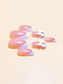 24Pcs Short Square French Press-On Nails Set With White French Tip & Bow Design, Glossy Finish, Comes With 1Pc Jelly Gel And 1Pc Buffer, Suitable For Women Party, Wedding, Casual And Holiday Wear, Reusable Nail Supplies Nails