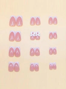 24Pcs Short Square French Press-On Nails Set With White French Tip & Bow Design, Glossy Finish, Comes With 1Pc Jelly Gel And 1Pc Buffer, Suitable For Women Party, Wedding, Casual And Holiday Wear, Reusable Nail Supplies Nails