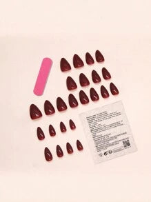 24Pcs Wine Red Solid Almond Wear Nail Tips + 1Pc Nail File + 1Pc Gel Polish Piece Press On Nails Nail Supplies Nails