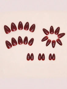 24Pcs Wine Red Solid Almond Wear Nail Tips + 1Pc Nail File + 1Pc Gel Polish Piece Press On Nails Nail Supplies Nails
