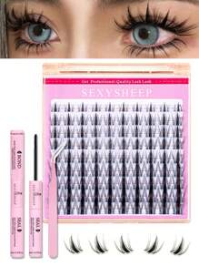 SEXYSHEEP 140pcs D Curl, Cluster False Eyelashes Mix Pack, Curling, Lengthening And Thickening Effect, No Drop-Off, Soft And Natural Looking, 10-16mm Mixed DIY Lash Clusters Natural Look&Wispy&Extra Thick&Long-Lasting DIY Eyelash Extension Kit With Bond A