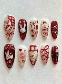 10Pcs Handmade European & American Style Nail Stickers With Heart, Star, Pearl, Bow Decor - Glossy Nude & Black Dual Color, Short Almond Shape, Elegant Design Artificial Nails Suitable For Women & Girls. Includes 1Pc Gel Polish & 1Pc Nail File. Valentine'