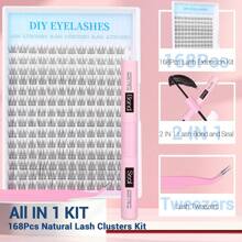 168Pcs D Curl Natural Lash Extension Kit 168Pcs Lash Clusters Kit Wispy Eyelash Extensions 9-12MM Individual Lashes Extensions With Bond And Seal Lash Glue And Eyelash Extension Tweezers DIY At Home Lash Clusters Kit, Lashes, Eyelashes, Fake Lashes