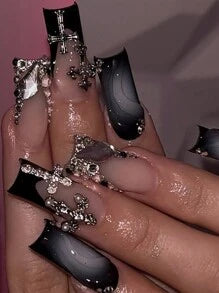Y2K 24Pcs Gothic Nails Medium Square Shape Press On Nails Bling Flash Fake Nails French Black False Nails 3D Nails Art Cross Nails Nail Supplies Nails