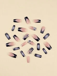 Y2K 24Pcs Gothic Nails Medium Square Shape Press On Nails Bling Flash Fake Nails French Black False Nails 3D Nails Art Cross Nails Nail Supplies Nails
