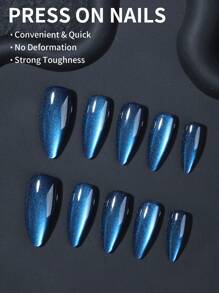 24Pcsy2K Aesthetic Crystal Blue Cat Eye Tip Acrylic Press On Nails Almond Cat Eye Fit Perfectly False Nails Set ,Contain 1Pc Jelly Glue And 1Pc Nail File, Blue Cat Eye Nails For Woman & Girl Daily Wear Rave Party Use Nail Supplies Nails