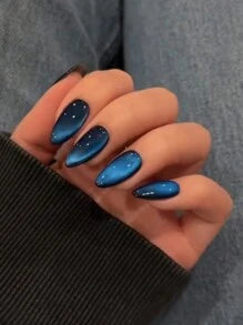 24Pcsy2K Aesthetic Crystal Blue Cat Eye Tip Acrylic Press On Nails Almond Cat Eye Fit Perfectly False Nails Set ,Contain 1Pc Jelly Glue And 1Pc Nail File, Blue Cat Eye Nails For Woman & Girl Daily Wear Rave Party Use Nail Supplies Nails