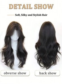 24 Inch 240g Heat Resistant Synthetic Wig, Medium Length Wavy With Bangs, Elegant Wig Suitable For Women's Daily Wear, Black-Brown