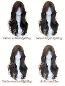 24 Inch 240g Heat Resistant Synthetic Wig, Medium Length Wavy With Bangs, Elegant Wig Suitable For Women's Daily Wear, Black-Brown