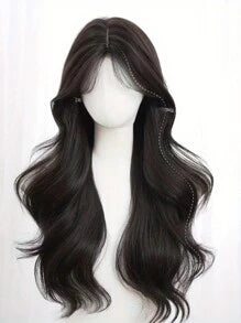 24 Inch 240g Heat Resistant Synthetic Wig, Medium Length Wavy With Bangs, Elegant Wig Suitable For Women's Daily Wear, Black-Brown