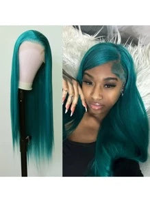 Green Color Hair Lace Front Wigs Synthetic 13x4 Long Silky Straight Heat Resistant Fiber Glueless Frontal Lace Replacement Wig Pre Plucked With Baby Hair Natural Hairline 24 Inches HD Transparent Lace, Gift For Women