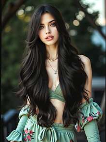 28 Inch Long Black Wigs For Women Middle Part Synthetic Wigs Natural Curly Hair For Daily Use Graceful Charming Wigs