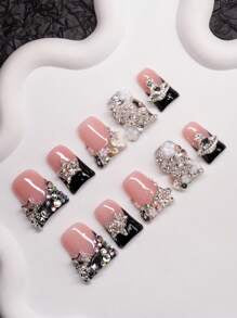 10Pcs Handmade Y2K-Style Duck Mouth Nail Tips, Nude & Black Colors With French Tip, Crystal, Snake, Flower, Planet, Star Elements, Suitable For Parties, Balls, Daily Wear, Unisex For Women & Girls, Comes With Accessories, Great Gift Press On Nails Nail Su