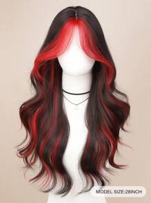 28-Inch Black & Red Long Wavy Wig, Natural Looking Synthetic Hair Wig, Suitable For Women Daily, Party, Cosplay, Christmas