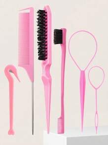 6packs Hair Loop Tool Set With 2Pcs French Braid Tool Loop, Leather Sheath Cutter, Teasing Hair Brush Rat Tail Comb Edge Brush For Edge & Back Brushing, Combing, Slicking Hair For Women For Hair Styling,Hair Brush,Comb,Hair Tools,Hair Products And Accesso