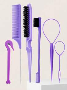 6packs Hair Loop Tool Set With 2Pcs French Braid Tool Loop, Leather Sheath Cutter, Teasing Hair Brush Rat Tail Comb Edge Brush For Edge & Back Brushing, Combing, Slicking Hair For Women For Hair Styling,Hair Brush,Comb,Hair Tools,Hair Products And Accesso