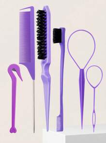 6packs Hair Loop Tool Set With 2Pcs French Braid Tool Loop, Leather Sheath Cutter, Teasing Hair Brush Rat Tail Comb Edge Brush For Edge & Back Brushing, Combing, Slicking Hair For Women For Hair Styling,Hair Brush,Comb,Hair Tools,Hair Products And Accesso