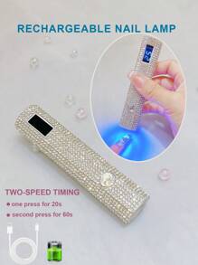 One USB Rechargeable Handheld Nail Lamp With Diamond Inlay And LED LCD Display Screen, Easy To Control Curing Time; Handheld Straight Design, Mini Portable Curing Lamp, Wearing Nail Curing Machine UV Therapy Machine, Hexagonal Diamond Model, Straight Nail