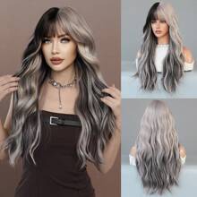 7JHH WIGS Silver Ash Pink Wavy Wig With Bangs Highlight Black Hair Body Long Curly Wigs Natural Fluffy Soft Woven Synthetic Fiber Costume Wig For Women&Girls Christmas Party Cosplay Use 26 Inch