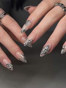 24 Pieces Of Almond Shaped Pressed Fake Nail Patches, Silver Contrasting Sweet And Cool French Style Women'S Nail Patches, New And Fashionable Fingertips, Matched With 1 Piece Of Jelly Glue And 1 Piece Of Rubbing Strip, Suitable For Women'S Parties, Dance