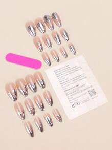 24 Pieces Of Almond Shaped Pressed Fake Nail Patches, Silver Contrasting Sweet And Cool French Style Women'S Nail Patches, New And Fashionable Fingertips, Matched With 1 Piece Of Jelly Glue And 1 Piece Of Rubbing Strip, Suitable For Women'S Parties, Dance