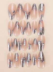 24 Pieces Of Almond Shaped Pressed Fake Nail Patches, Silver Contrasting Sweet And Cool French Style Women'S Nail Patches, New And Fashionable Fingertips, Matched With 1 Piece Of Jelly Glue And 1 Piece Of Rubbing Strip, Suitable For Women'S Parties, Dance